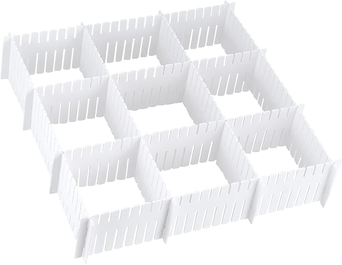 MUKCHAP 72-Piece DIY Grid Drawer Organizer, 12.6 Inch Adjustable Drawer Dividers for Sock, Underwear, Scarf, White