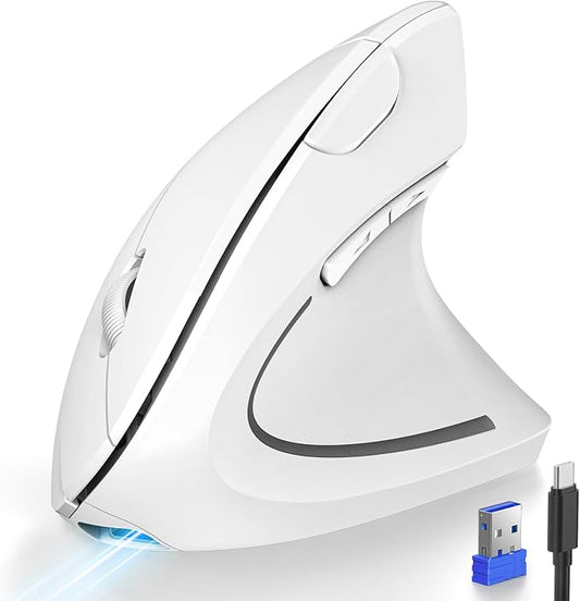 TECKNET Ergonomic Mouse Wireless, Rechargeable Vertical Mice Right Hand | Bluetooth+2.4GHz USB, Multi Device, 4800 DPI Adjustable, Optical Carpal Tunnel Mouse for Laptop, PC, Computer, MacBook, White