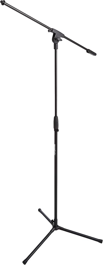 Amazon Basics Sturdy Portable Microphone Boom Arm Stand, Height Adjustable with Cable Management, Foldable Tripod Base, Up to 85.75", Black