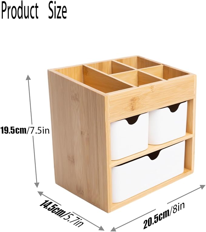 Bamboo Makeup Organizer with 3 Drawers, Dresser Cosmetic Organizer Box,Bamboo Desk Organizer for Home with Adjustable Dividers