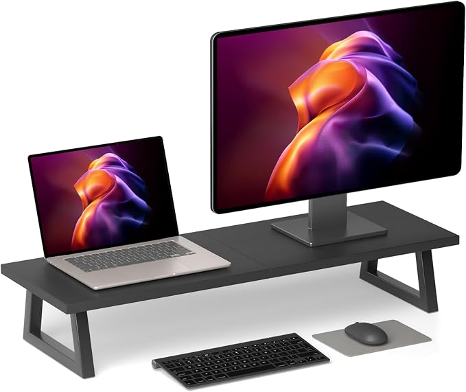 TEAMIX 31.5 inch Dual Monitor Stand Riser, TV Riser, Black Desk Organizer | For 2 Monitors/Laptop/Printer, Long Computer Stand, Wood & Steel, Holds 150 lbs, PS5/Keyboard Storage, For Home Office Gaming