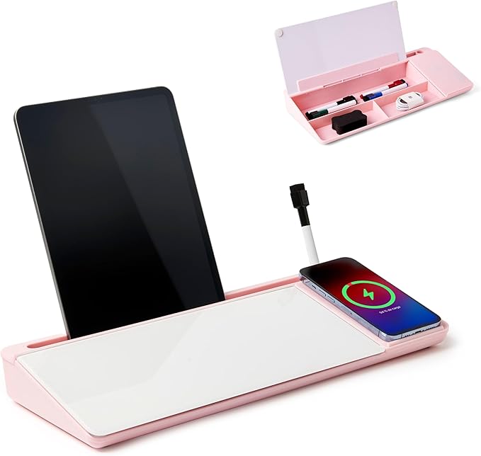GAROOD Desktop Dry Erase Board with Storage (Pink Base) Wireless Charger Desk White Board Desk Board Glass Desktop White Board with Stand Home Office Organizer Phone Holder 15.8X7X2 inches