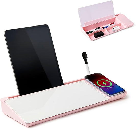 GAROOD Desktop Dry Erase Board with Storage (Pink Base) Wireless Charger Desk White Board Desk Board Glass Desktop White Board with Stand Home Office Organizer Phone Holder 15.8X7X2 inches