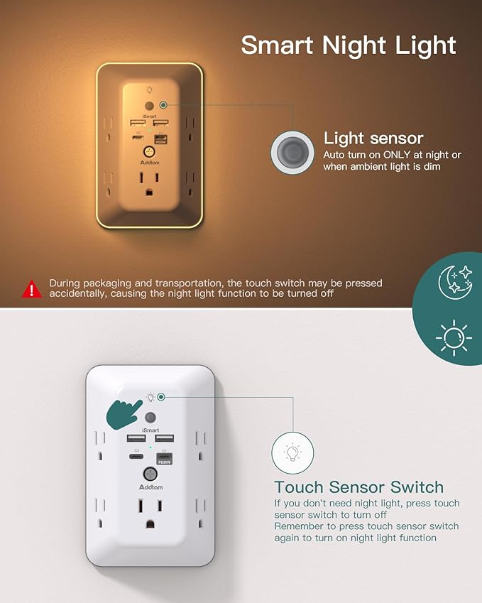 Addtam Surge Protector Outlet Extender, Plug Extension Outlet with Night Light, 5-Outlet Splitter and 4 USB Ports(PD 20W), Multi Plug Wall Outlet for Home Office Dorm Room Essentials