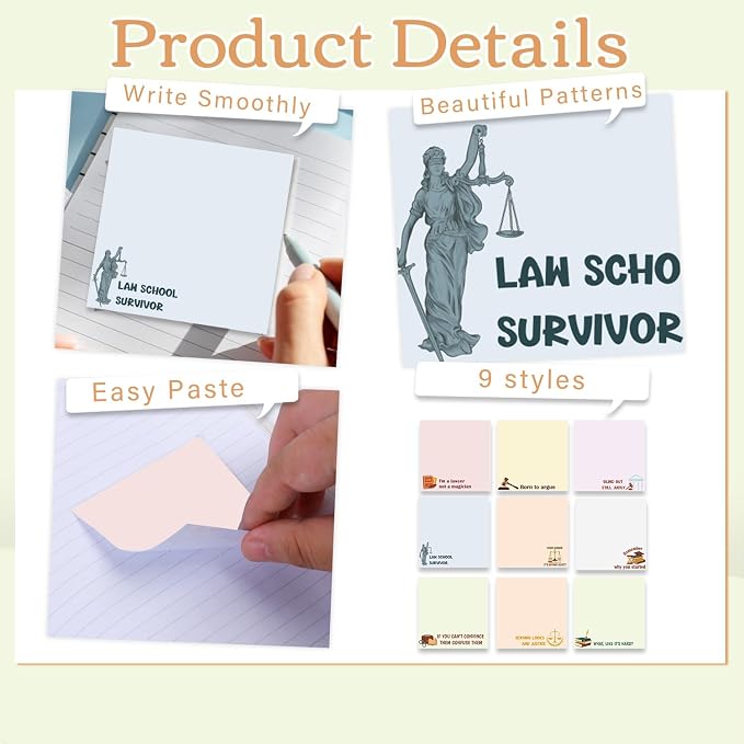 Lawyer Sticky Notes Gifts - 9 Pack Funny Attorney Notepads 3x3 Inches, Lawyer Gifts for Women Men, Law Self-Stick Memo Pads, Legal School Office Supplies for Students Coworkers (450 Sheets)