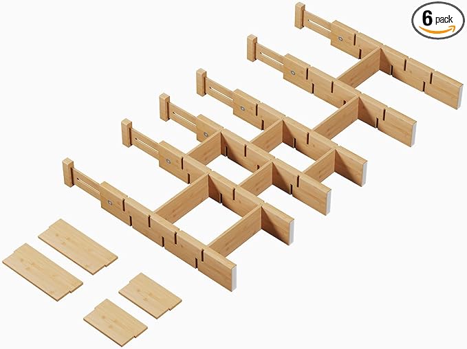 Bamboo Drawer Dividers 6 Pack with Inserts, Kitchen Adjustable Drawer Organizers for Home, Bedroom, Dresser, Expandable Organization 6 Dividers with 12 Inserts
