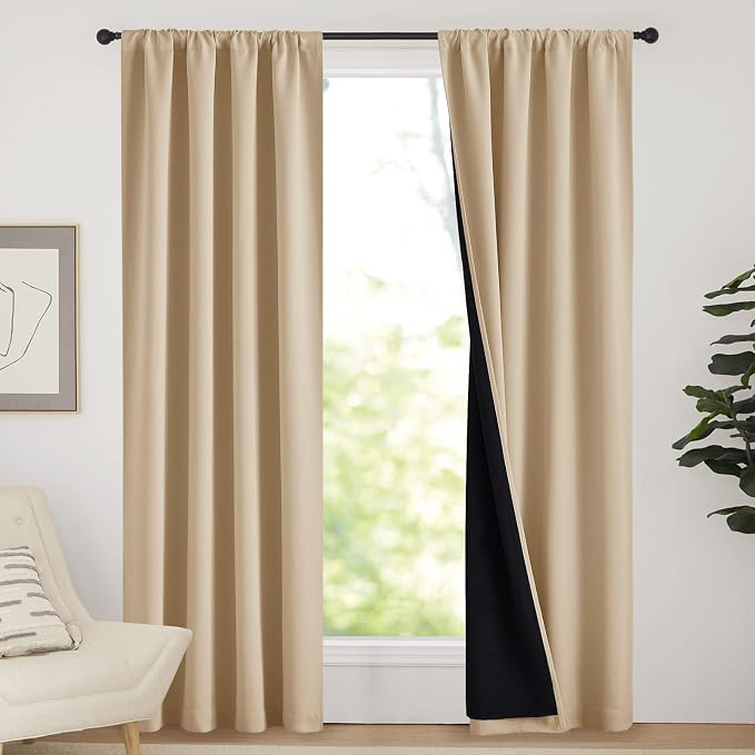 NICETOWN Living Room Completely Shaded Draperies, Privacy Protection & Noise Reducing Drapes, Black Lined Rod Pocket Window Treatment Curtain Panels(Biscotti Beige, 2 Pieces, W42 x L84)