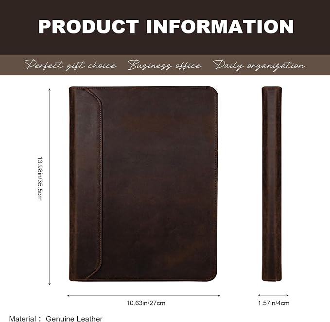 AZXCG Genuine Leather Portfolio Binder for Men& Women,Portfolio Organizer with Zipper,Leather 3 Ring Binder for iPad Pro 12.9,Business Portfolio for Men,Gift for Father's Day