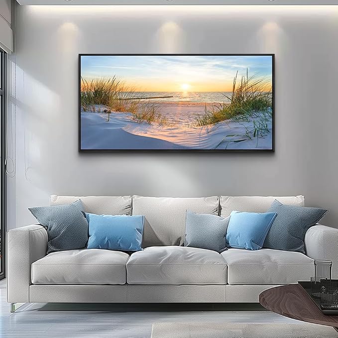 MHARTK66 Canvas Wall Art For Living Room Large Wall Decor For Office Bedroom Poster Art Prints Sun Seascape Wall Painting Blue Ocean Pictures Artwork For Walls Black Wood Framed 24" X 48"