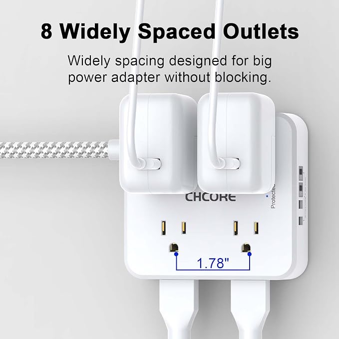 Surge Protector Power Strip - CHCORE 20Ft Braided Extension Cord with 8 Outlets with 4 USB (2 USB C) Charging Ports, Flat Plug Multi Plug Outlet Extender Charging Station for Home Office, ETL, White