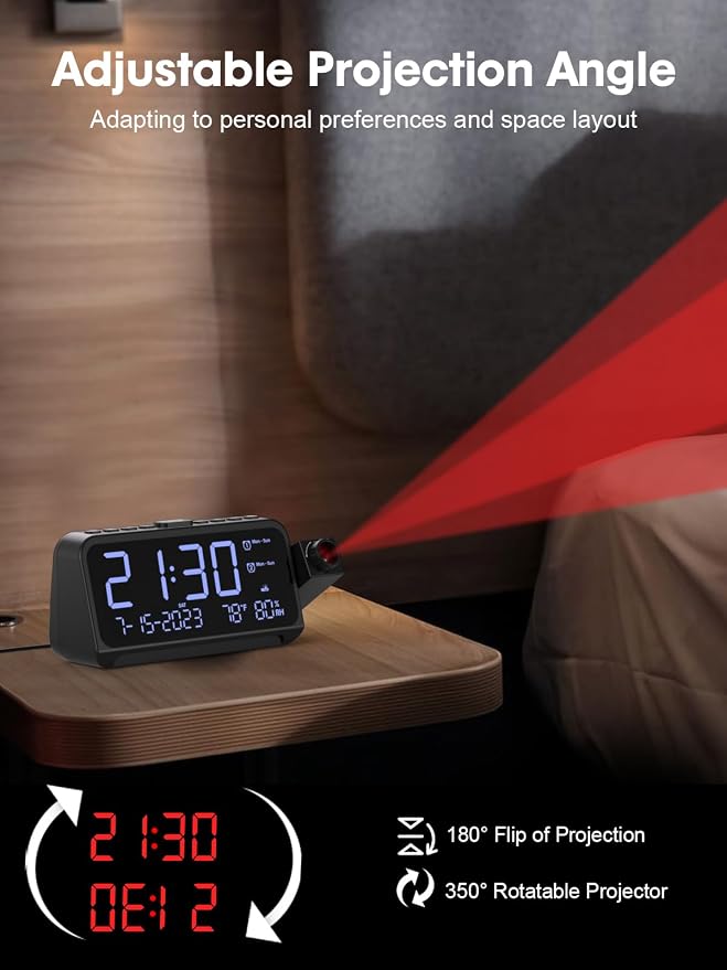 ROCAM Projection Alarm Clock with 180° Ceiling Projector & Digital Display | 5-Level Dimmer, Dual Alarms, Night Light, Temp & Humidity Display, Weekday/Weekend Mode, DST, Snooze Function for bedroom