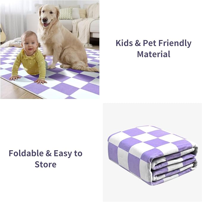 Terrug Purple and White Checkered Rug for Bedroom,4x6 Area Rugs Washable with Non Slip for Living Room,Soft Low Pile Stain Resistance Retro Carpet for Dorm Kids Room