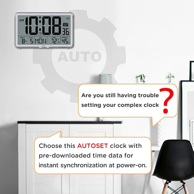 WallarGe Auto Set Digital Wall Clock Battery Operated, Auto DST | Desk Clock with Temperature, Humidity and Date, Large Display Digital Calendar Alarm Clock for Bedroom, Office, Classroom