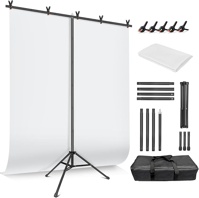 White Backdrop with Stand for Photoshoot, 5X6.5ft White Photo Backdrop with T Shape Background Backdrop Stand for Photography, Portable Photo Backdrop Curtain Stand Kit w Carrying Bag 5 Spring Clamps