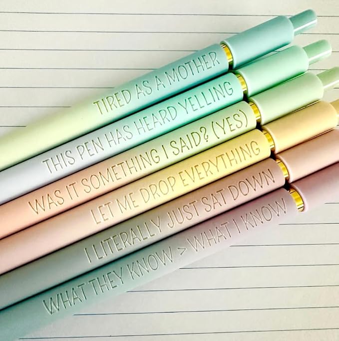 6 Pen Set｜Manic Motherhood Engraved Soft Touch Gel Pens｜Funny Mom Mothers Day Pens｜Planner Pens Office Supplies (Gold Ombre)