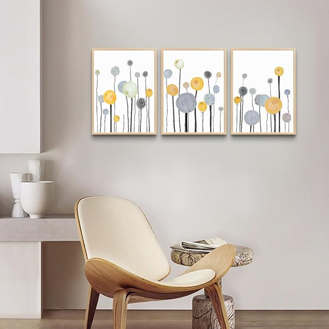 MHARTK66 3 Piece Natural Wood Framed Abstract Watercolor Painting Wall Art For Living Room Bedroom Large Wall Decor Hanging Office Artwork Flowers Canvas Prints Kitchen Modern Room Home Decoration
