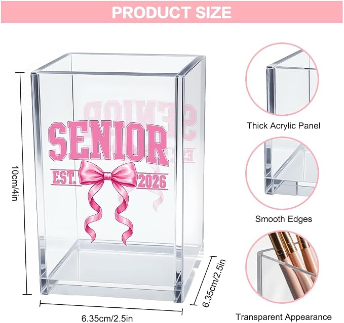 Class of 2026 Senior Pen Holder for Desk, Coquette Pink Bow Acrylic Desk Organizer, Graduation Gifts for High School Senior Girls, Daughter Granddaughter Sister Desk Decor