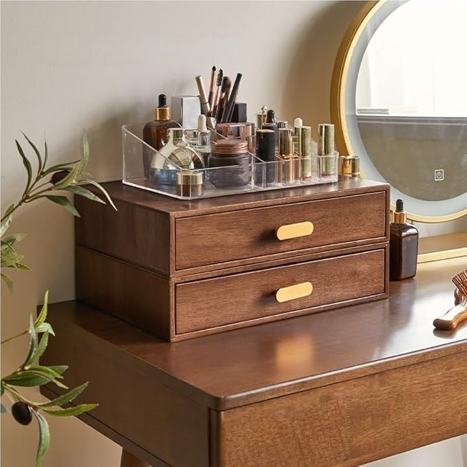 Desktop Storage Cabinet, Wooden Drawer Box, Countertop Storage Box, Organizer with Metal Handle, Multifunctional Storage Drawer for Bedroom, Living Room(Brown)