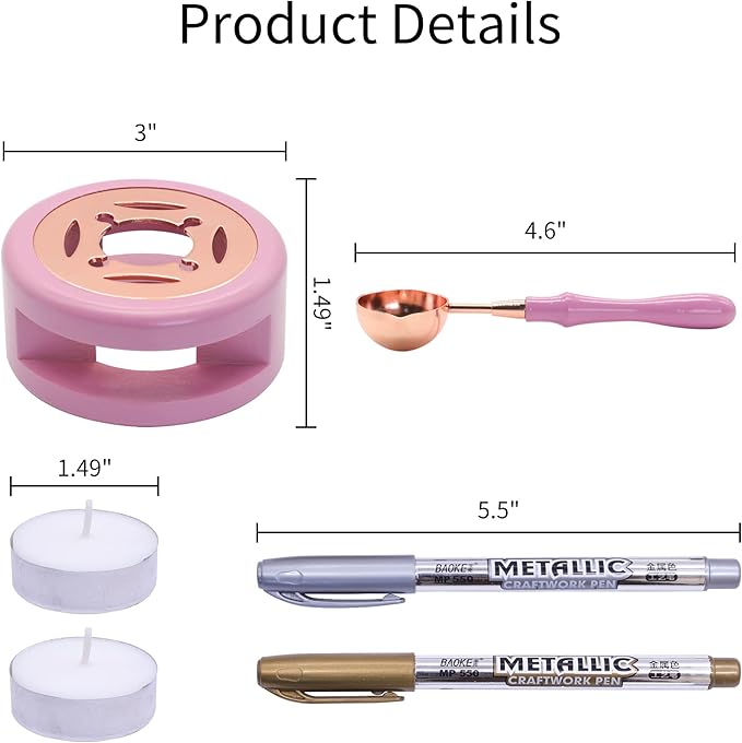 SWANGSA Wax Seal Warmer Kit, Sealing Wax Furnace Tool with 2pcs Wax Seal Pens + Wax Seal Spoon and 2pcs Candles for Sealing Wax Stamp Wedding Invitation Envelope Letter (Pink)