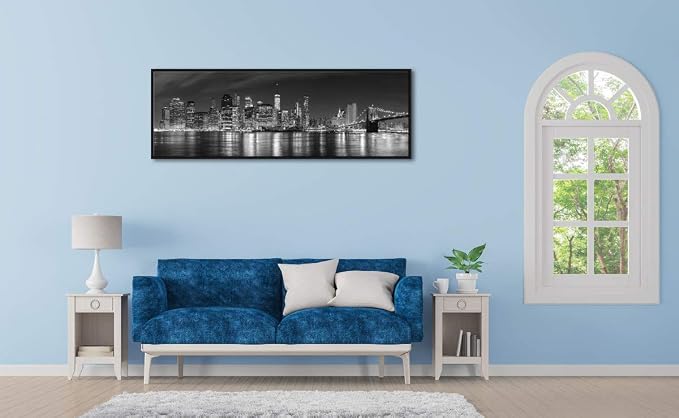 Wieco Art Framed Wall Art New York Manhattan Night View Black and White Wall Decor Canvas Prints Modern Canvas PrintsCityscape Pictures Paintings on Canvas for Bedroom and Living Room
