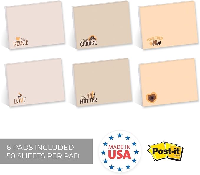 Diversity Sticky Note Assortment / 4" x 3" Modern Repositionable Sticky Notes/Set of 6 Peace Inclusion Design Pads / 50 Sheets Per Pad/Made in The USA