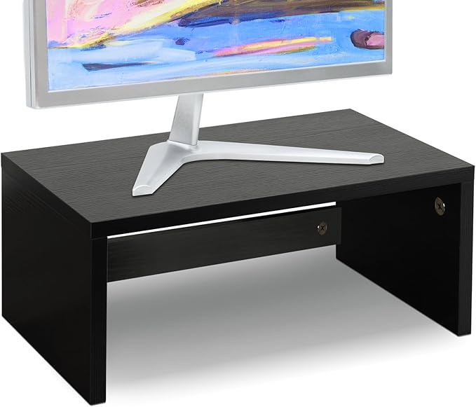 TEAMIX 14.2 inch Monitor Stand Riser, Wood Monitor Riser with Storage for Desk Small Monitor Stand TV/Screen/PC/Laptop Riser Computer Stand Desktop Shelf (Black-Higher)