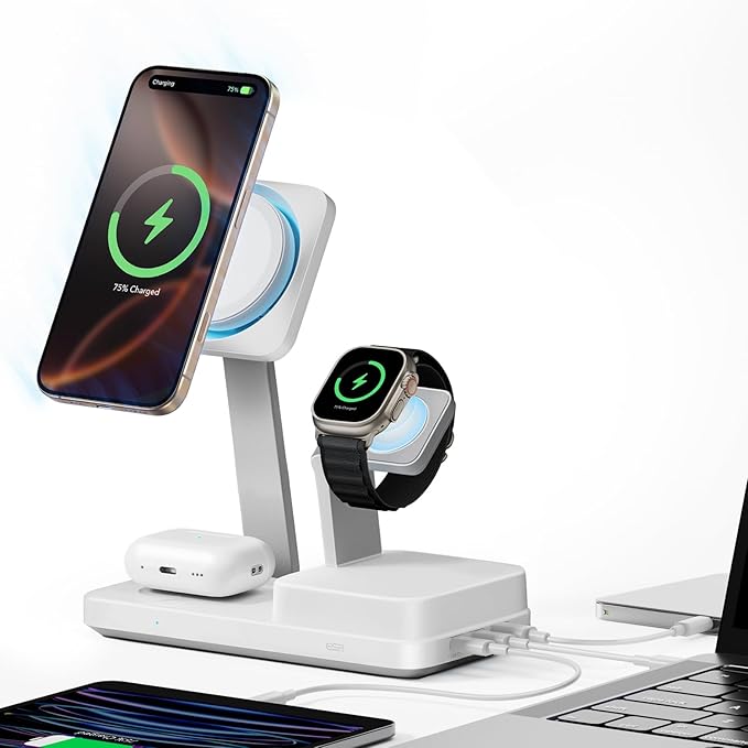 ESR 100W 6-in-1 GaN Charging Station with CryoBoost, Compatible with MagSafe Charger Stand, Magnetic Wireless Charger for iPhone 17e/17/16/15/14/13/12, Apple Watch, AirPods Pro/3/2, Classic White