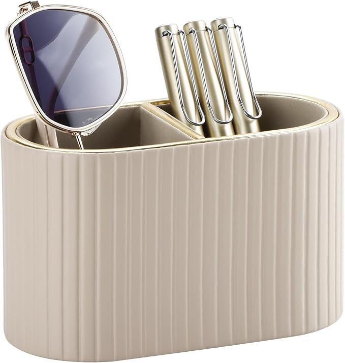 KINGFOM PU Leather Desk Organizer Pen Holder – Dual-Compartment Stylish Pencil Cup Remote Control Holder Desktop Supplies and Accessories Organizer Caddy for Office Home School (Mocha Beige)