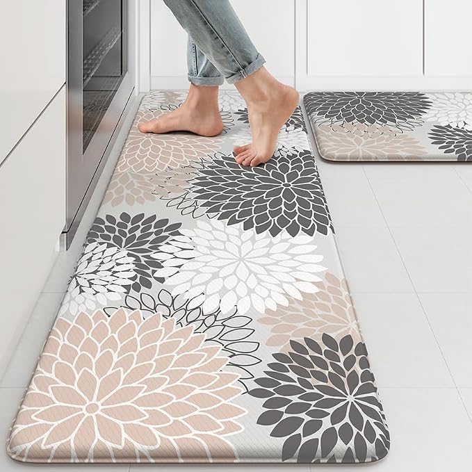 KIMODE Anti Fatigue Kitchen Mats for Floor 2PCS, Cushioned Standing Mats | 17"x47"+17"x29",Dahlia Floral,Pink Boho Floor Mats set of 2,Non Slip,Waterproof,Comfort Desk Mat for Sink Office Laundry home