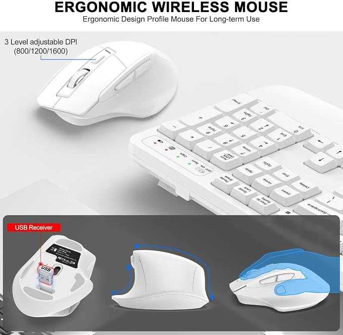 Wireless Keyboard and Mouse Combo, 2.4G Full Size Wave Keys Ergonomic Keyboard with Wrist Rest and 3-Level DPI Adjustable Wireless Ergonomic Mouse for Windows, Mac OS Desktop/Laptop/PC(White)
