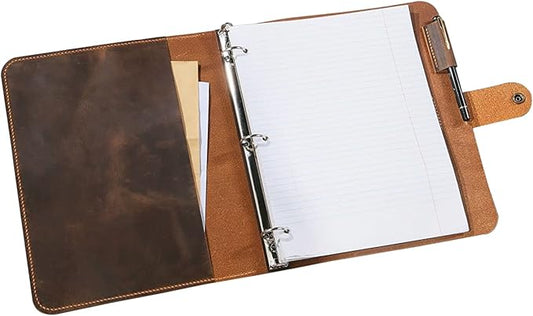 D&M Leather Studio Handmade Leather 3 Ring Binder Portfolio, Letter Size 8.5 x 11, Vintage Organizer Folder with Pockets, Pen Holder & Snap Closure, Brown