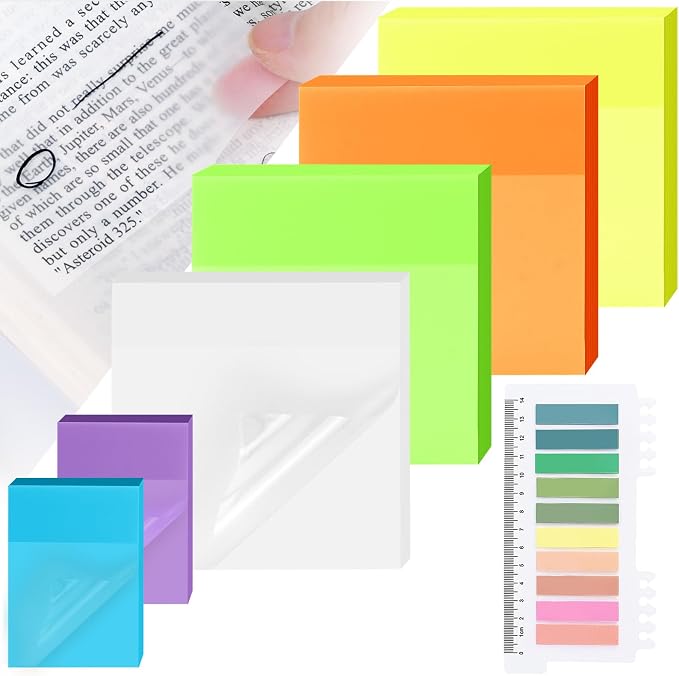 500 Sheets Transparent Sticky Notes with Index Tab, Waterproof & Crystal Clear Sticky Notes Sets, See-Through PET Sticky Note, 5X The Sticking Power Translucent Sticky Note Pad, 7 Pads