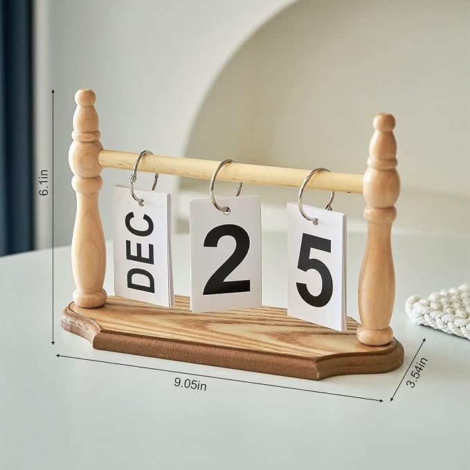 Wooden Perpetual Desk Calendar - Vintage Rustic Flip Calendar with Metal Rings & Reusable Daily Date Cards(Wooden)