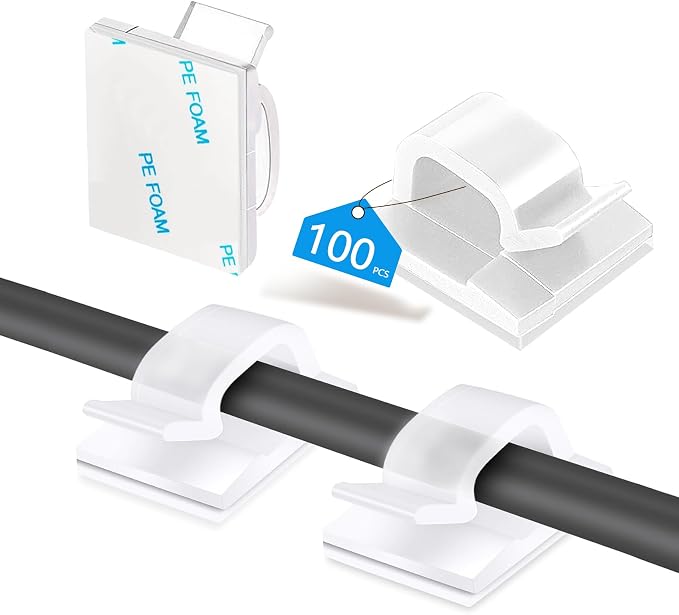 Abnii 100PCS Cable Clips, Adhesive Cord Wire Organizer, Clear, Small | Strong for Christmas Lights, String Lights, Fairy Lights, Dash Cam, Wall, Desk, Outdoor Cable Management Staples Clips