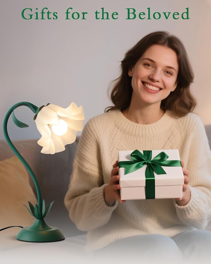 WERFOP Flower Table Lamp, Cute LED Reading Bedside Night Light, 3 Color Modes Vintage Desk Lamp, Kawaii Aesthetic Decor for Dorm Bedroom Living Room (Dark Green)