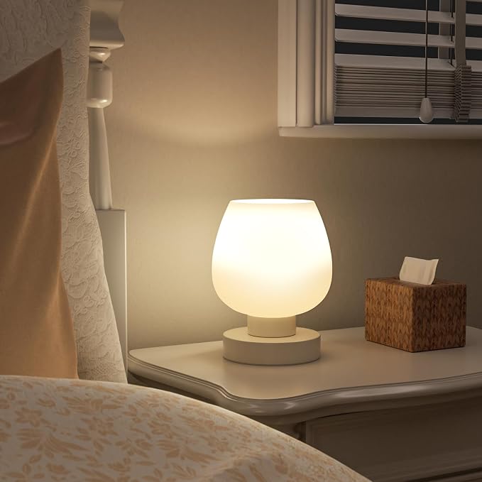 Seealle Cordless Touch Table Lamp for Nightstand - Small Bedside Lamp for Bedroom Night Stands, Desk Lamp with White Glass Shade for Small Spaces Living Room, Stepless Dimmable, LED Bulbs, Gifts