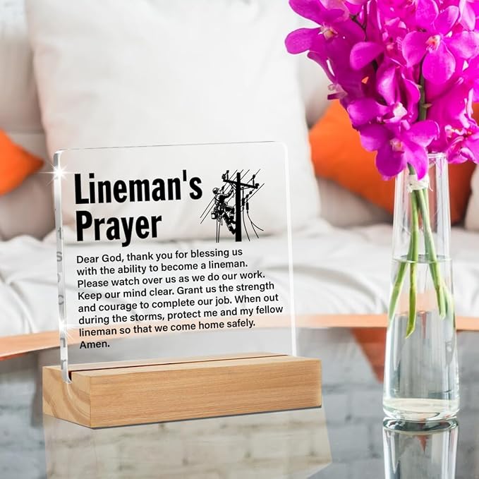 Lineman Gifts Desk Accessories Decor Sign for Line Worker | Graduation Gift, Lineman Prayer, Home Office Desk Decorative Sign, Clear, Acrylic, 4 x 4 Inches