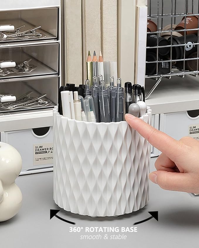 Lebenrich Rotating Pencil Holder for Desk, 5 Slots Unique Pink Organizer Easthetic Desktop Supplies and Accessories for Women Girls, Pen Cup Caddy for Office Home Art Supply
