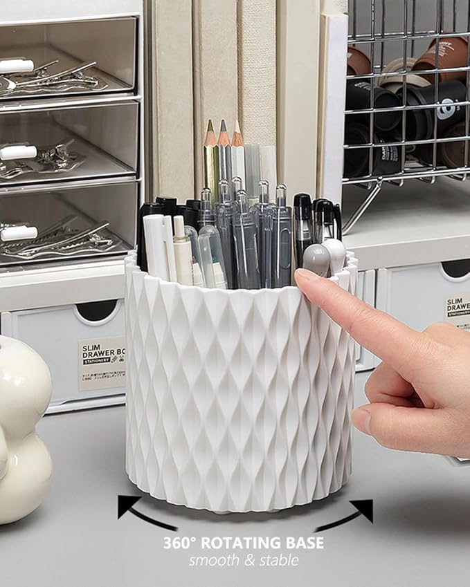 Lebenrich Rotating Pen Pencil Holder for Desk, 5 Slots Unique Grey Desk Pen Organizer Easthetic Desktop Supplies and Accessories for Women Girls, Pen Cup Pencil Caddy for Office Home Art Supply