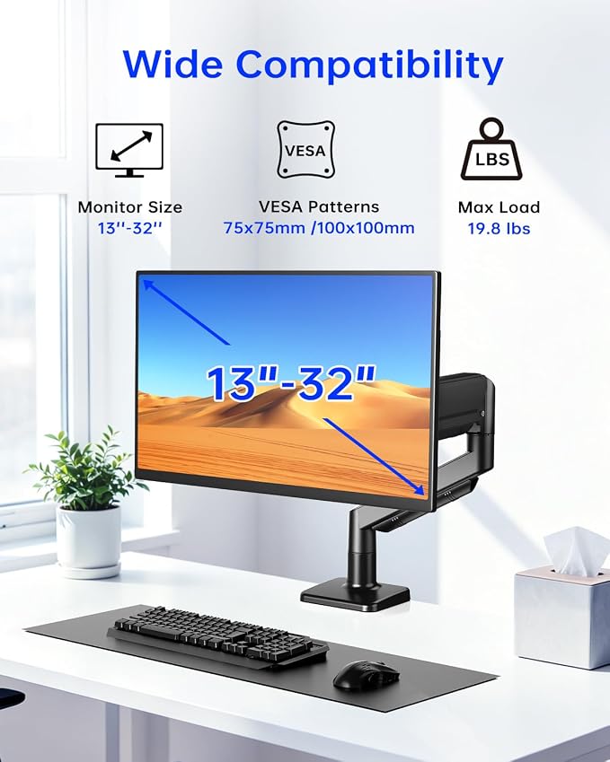 Single Gas Spring Monitor Arm for 13-32 Inch Monitors, Desk Mount | Supports 19.8 lbs | Smooth Gas Spring | Full Motion | C-Clamp & Grommet | Cable Management | VESA 75×75/100×100 mm