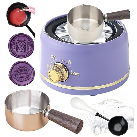 Sealing Wax Warmer Electric with 300Pcs Purple Waxseal Beads, a 80ml Large Spoon, a Non-Slip Melt Scoop, Electric Wax Seal Melting Warmer Furnace Kit(300 Purple White Set)