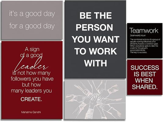 YEOION Red Grey Black Motivational Teamwork Office Wall Decor,Inspirational Team Work Wall Art Canvas Frame Artwork for Office Workplace Breakroom Wall Decor Set of 6