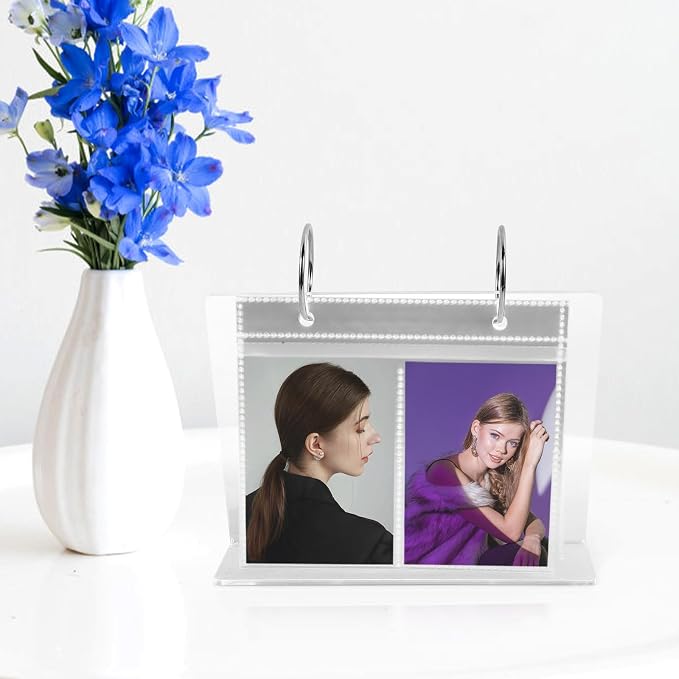 2pcs Acrylic Desk Photo Frame Flip Album with Calendar Style Design Tabletop Picture Holder for Displaying and Changing Photos Easily
