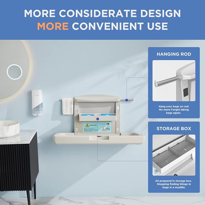 Commercial Baby Changing Station Wall Mounted, Horizontal Fold-Down Baby Changing Table, Heavy Duty 200lb Capacity, Space Saving Diaper Changing Station for Restroom & Public Facilities