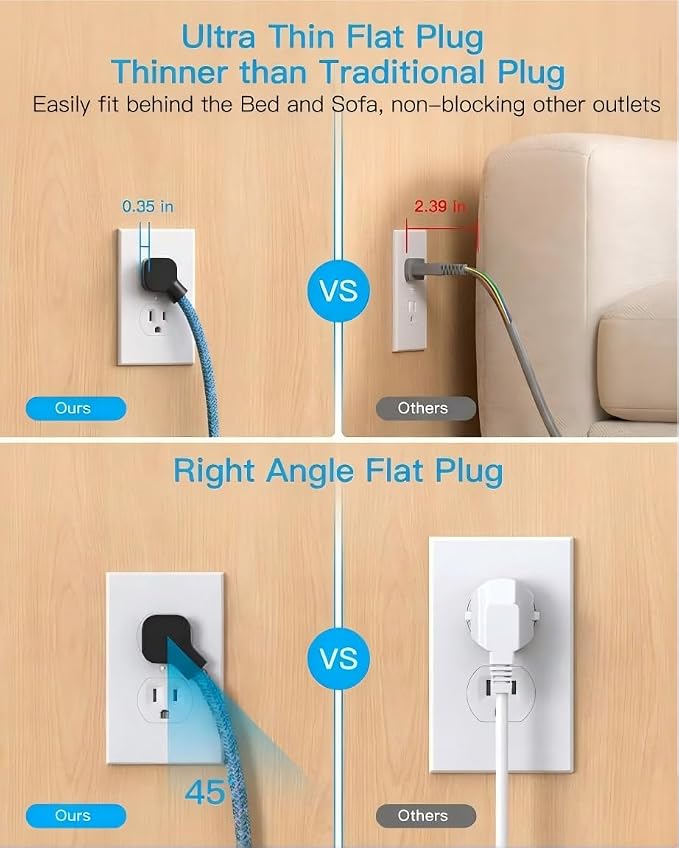 10 Ft Braided Extension Cord with Ultra-Thin Flat Plug, 4 Widely Spaced Outlets & 4 USB Ports (2 USB C), Non-Surge Protector Power Strip for Cruise Ship, Travel Essentials, Home Office, Black