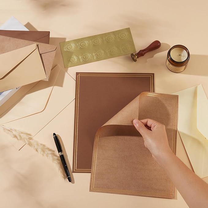 50 Pack Colored Stationery Set, 5 Colors #10 Business Envelopes, 50 Sheets 8.5x11 Paper Sheet and Gold Stickers for Office, Letters, Invitations (Brown)