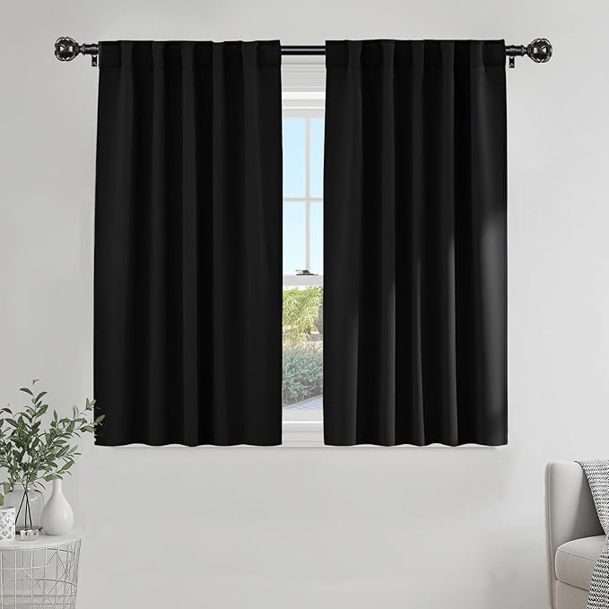 PONY DANCE Black Out Curtains 48 inch Long for Short Small Window, Rod Pocket and Back Tab Thermal Insulated Room Darkening Curtains for Kitchen/Cabinet/Basement(2 Panels, W42 x L48 inch, Black)