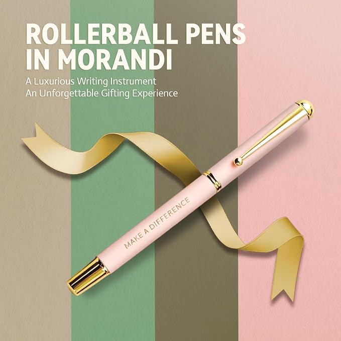 YUNCHUN Luxury Inspirational Rollerball Pen Set Gifts for Women, Metal Pens with Motivational Words, Smooth Black Ink Medium Point, Elegant Executive Gift Pens with Extra Blue Refill, Pink