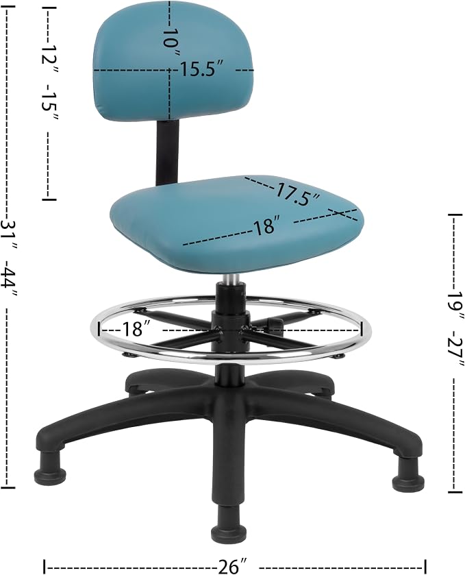 FSS Series Square seat Mid-Stool (19"-27") seat height chair. Fabric Vinyl-for Office, Garage, Desk, Shop, Computer, Doctor, Medical, Easy to Clean! 18" Footring (Aqua, Mid Stool, Glides)