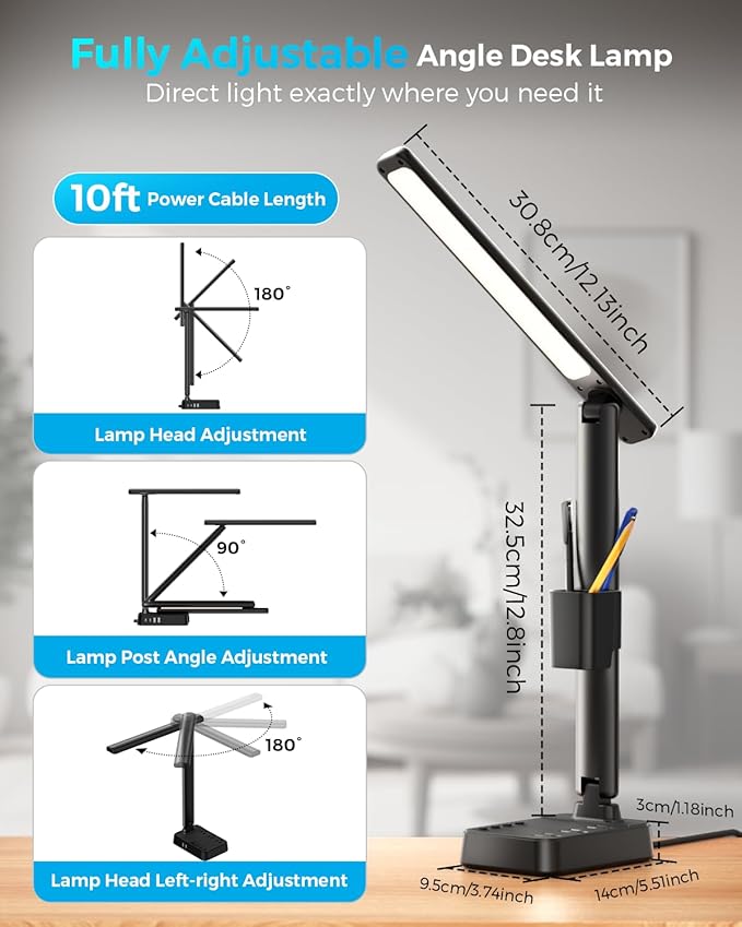 LED Desk Lamp with Power Strip, 3 AC Outlets & 4 USB Ports (2 USB-C), Stepless Dimming & 2800K-6500K Eye-Caring Desk Light, Foldable Table Lamp for Home Office, Dorm Room Essentials(10FT)